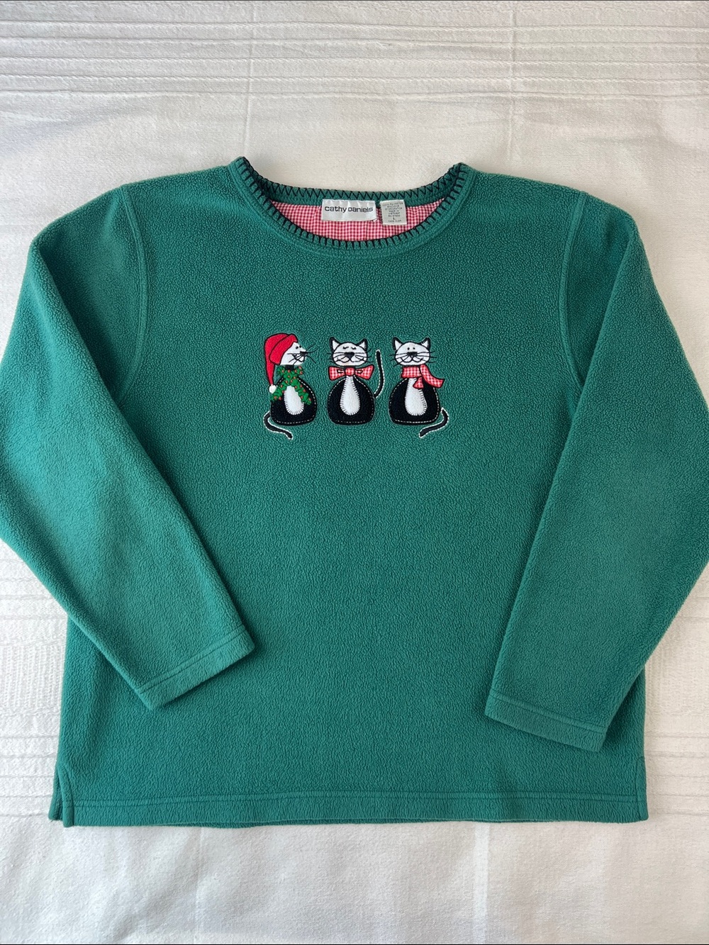 Vintage Cathy Daniels Teal Green Pullover with Festive Cat Appliqués